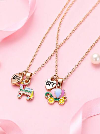 2pcs/Set Girls Cute Alloy Unicorn Pumpkin Car BFF Oil Drop Pendant Necklace, Suitable For Sisters, Best Friends Daily Wear, Friendship Gift