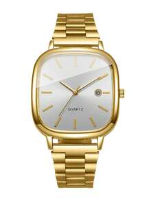 1pc Men's Gift Watch, Classic Fashion Square Dial Calendar Display, Minimalist Casual Stylish Quartz Wristwatch, Watch Box Not Included - Gold - View 7