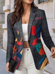 HOMEYEE Long Sleeve Printed Blazer Style Top, Vintage Elegant Casual Resort Business Office OL Jacket, Suitable For Spring, Summer, Autumn, Winter - Màu xám đen - Xem 10