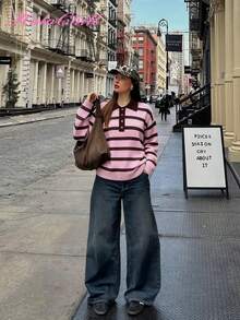 HoloChill 圣诞风女士年轻时尚达人休闲撞色条纹圆领套头针织毛衣，2025秋冬款，新年