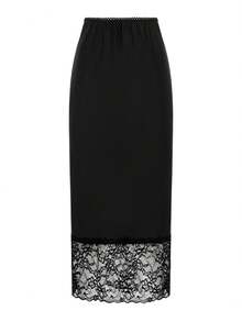 Women's Satin Half Slip Lace Long Underskirt For Under Dresses Elastic Waist Long Slips For Dresses Lingerie Skirt Floral Lace Mini Skirts Extender - 黑色 - 查看 4