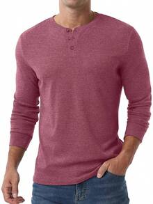 Men's Henley Long Sleeve Casual Classic Button Pullover Tee - Styles - Merah - View 5