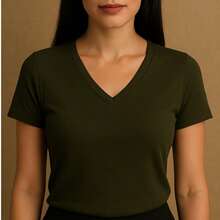 Kit Of 4 Basic V-Neck Short Sleeve Ribbed Blouses - Beige, Military Green, Brown, Gray - View 2