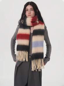 1 szt. Damski szalik w paski z łatkami, elegancki i uroczy, wykonany z włókna poliestrowego, uniwersalny, ciepły i gruby, idealny na jesień i zimę, odpowiedni do noszenia wewnątrz i na zewnątrz