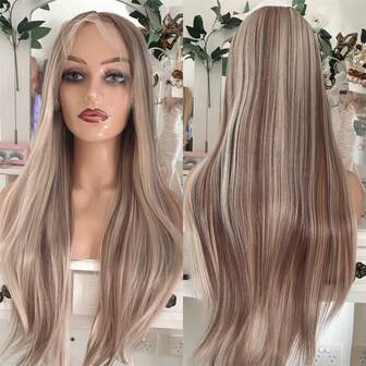 Highlight Ash Blonde Lace Front Wig Long Straight Glueless Ombre Brown Mixed Blonde 13x4 Synthetic Lace Front Wigs For Women