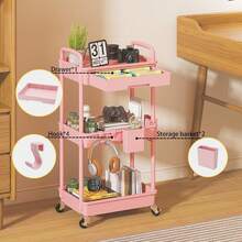3 Tier Rolling Utility Cart Organizer With Removable Drawer, Stable And Sturdy Black Rolling Storage Carts With 2 Lockable Wheels For Bathroom, Kitchen, Snack, Craft, Makeup, Baby Essentials - Pink - View 3