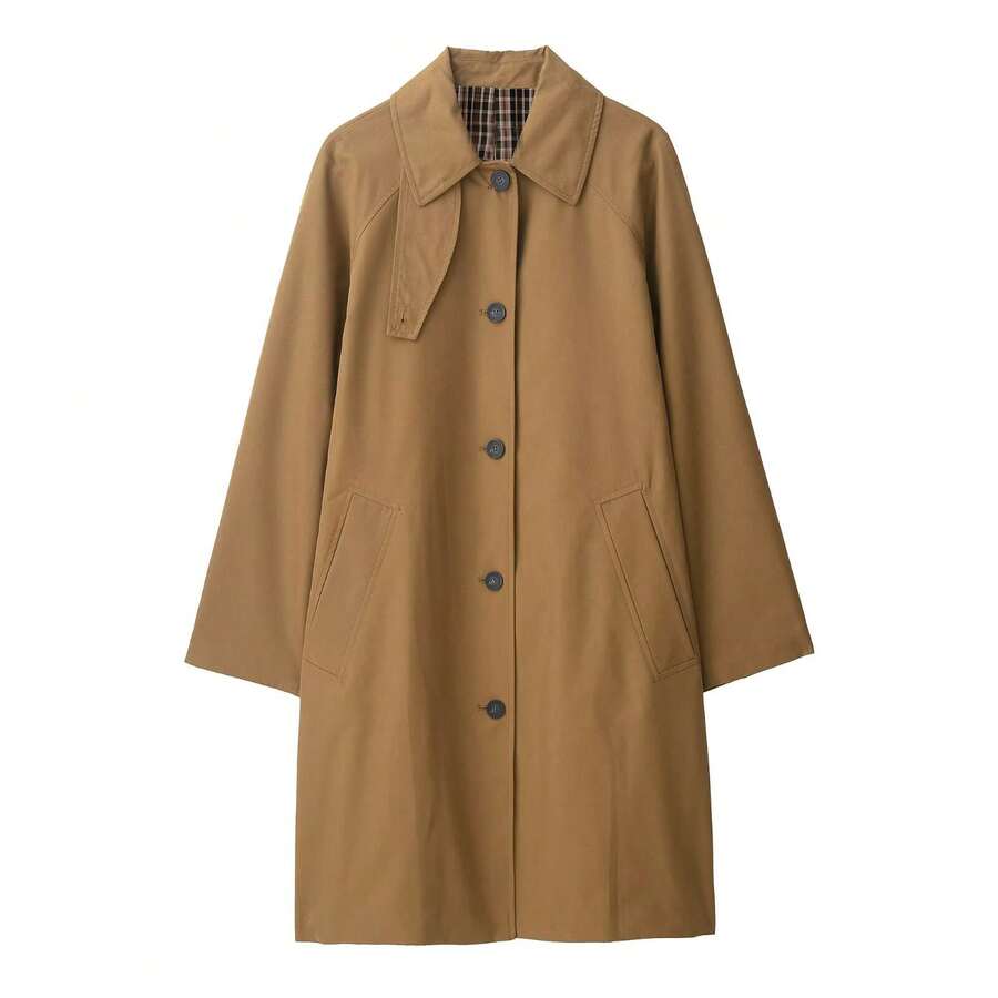 Camellia Autumn/Winter New Cotton Long Sleeve Lapel Button Midi Trench Coat, British Style - Brown - View 1