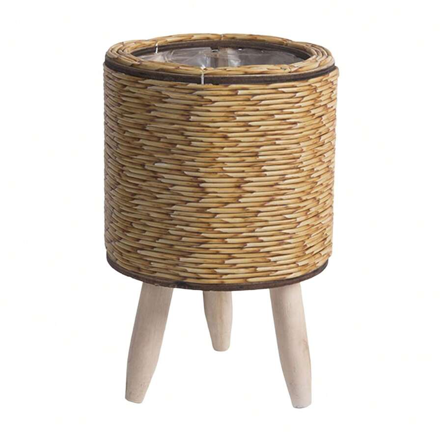 Natural Color Woven Planter Baskets With Plastic Lining And 3 Wooden Legs, Multipurpose Storage For Plants, Flowers, Toys, Rustic Farmhouse - Màu vàng - Xem 1