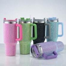 1pc 40 Oz Tumbler With Handle And Straw Lid, Studded Bling Diamond Tumbler, Stainless Steel Insulated Water Cup, Double Wall Travel Mug Fix For Car Cup Holder For Women - trắng - Xem 7