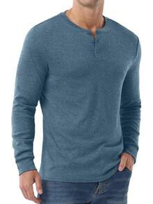 Men's Henley Long Sleeve Casual Classic Button Pullover Tee - Styles - 藍色 - 查看 3