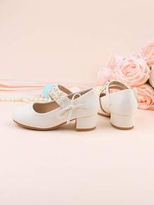 Zapatos de vestir con tacón grueso, decorados con lazo y perlas en estilo minimalista blanco, adecuados para ocasiones formales, fiestas, bodas, actuaciones, ballet, estilo princesa, para niñas pequeñas, niñas y niñas grandes