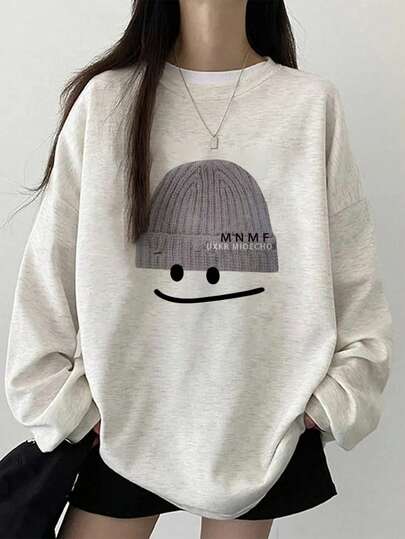 Women's Loose Fit Cartoon Print Long Sleeve Cotton T-Shirt, Versatile For Spring And Autumn