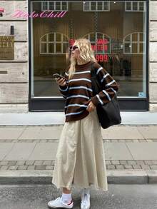 Jersey de punto con cuello redondo y rayas de contraste, estilo casual de influencer joven, estilo Holochristmas, otoño/invierno 2025