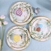 10/20/50pcs,Gold Rim Watercolor Eucalyptus Disposable Tableware, Green Leaf Gold Foil Print 7inch & 9inch Paper Plates,9oz Cups And Napkins,Elegant Green Eucalyptus Floral Plates For Wedding Bridal Shower Garden BabyShower Party Supplies - Multicolor - View 6