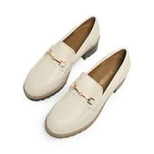 Women Flats Thick Sole Loafers Slip-On Round Toe British Style Casual Loafers For Daily Street, Commuting, Retro Chunky Shoes - Màu be - Xem 5