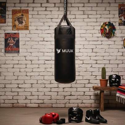 MUUK FITNESS 1 pieza Costal de boxeo sin relleno de lona resistente de 120x35 cm con correas reforzadas y aro metálico para colgar, equipo de entrenamiento para boxeo, MMA y artes marciales, ideal para principiantes y profesionales, saco de práctica duradero para gimnasio o casa