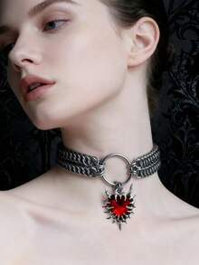 1pc Punk Heart Rivet Pendant Necklace, Metal Colorful Necklace Suitable For Party, Festival, Performance Outfit Matching - Silver - View 12