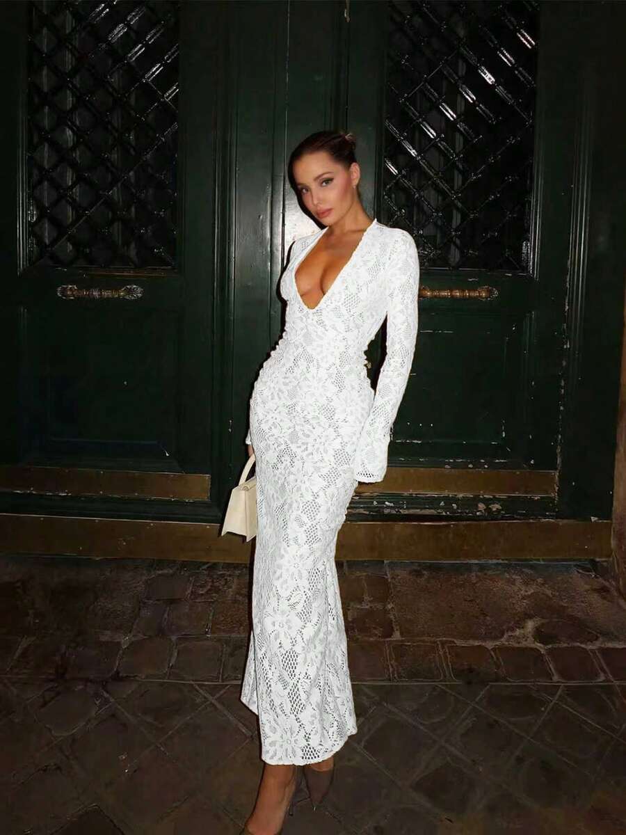 魅力优雅性感假日约会极简派对长袖蕾丝边V领紧身连衣裙 - 白色 - 查看 1