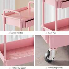 3 Tier Rolling Utility Cart Organizer With Removable Drawer, Stable And Sturdy Black Rolling Storage Carts With 2 Lockable Wheels For Bathroom, Kitchen, Snack, Craft, Makeup, Baby Essentials - Pink - View 9
