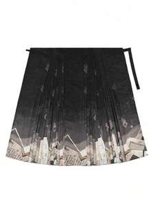 2026新年汉服 | 现代化中国书法印花压褶马脸裙 - 可调节搭扣高腰裙摆