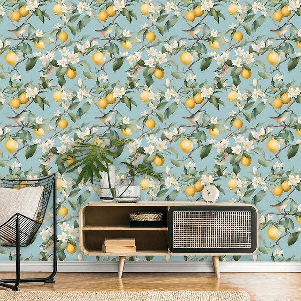 1 لفة ورق حائط لاصق أنيق وطبيعي، بنقشة الطيور والزهور والليمون باللون الأزرق، قابل للإزالة والتنظيف، ديكور منزلي حيوي، مقاس 17.32 * 196.85 بوصة، مناسب لغرف المعيشة والمطبخ والنوم والحمام والمكتب، ديكور حائط عصري للخريف، ورق حائط طبيعي