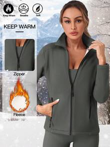 Women's Fleece Jacket With Pockets Solid Color Zipper Coat Autumn And Winter Wear - Dark Grey - View 2