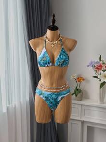 Bellisia Summer Beach Marble Print Halter Triangle Bikini Set With Beach Skirt - Multicolor - View 5