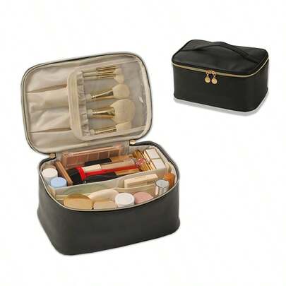 Makeup Bag, Portable Cosmetic Bag, Large Capacity Travel Makeup Case Organizer, Black For Women Toiletry Bag For Girls Traveling With Handle And Divider