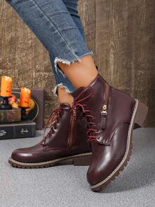 Giày bốt cổ ngắn buộc dây thời trang thu/đông cho nữ, đế cao su phẳng, thoải mái, lớp lót một lớp thoáng khí, bề mặt da mịn, dễ bảo quản, thiết kế buộc dây, độ chật có thể điều chỉnh, khóa kéo bên hông dễ dàng mang/tháo. Phong cách thường ngày cổ điển đa năng, phù hợp với nhiều trang phục khác nhau. - Màu Đỏ Sâu - Xem 3