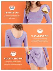 Womens 2-In-1 Athletic Tennis Golf Dress Long Sleeve Underneath Workout Active Dresses With Built-In Shorts - Màu tím - Xem 4