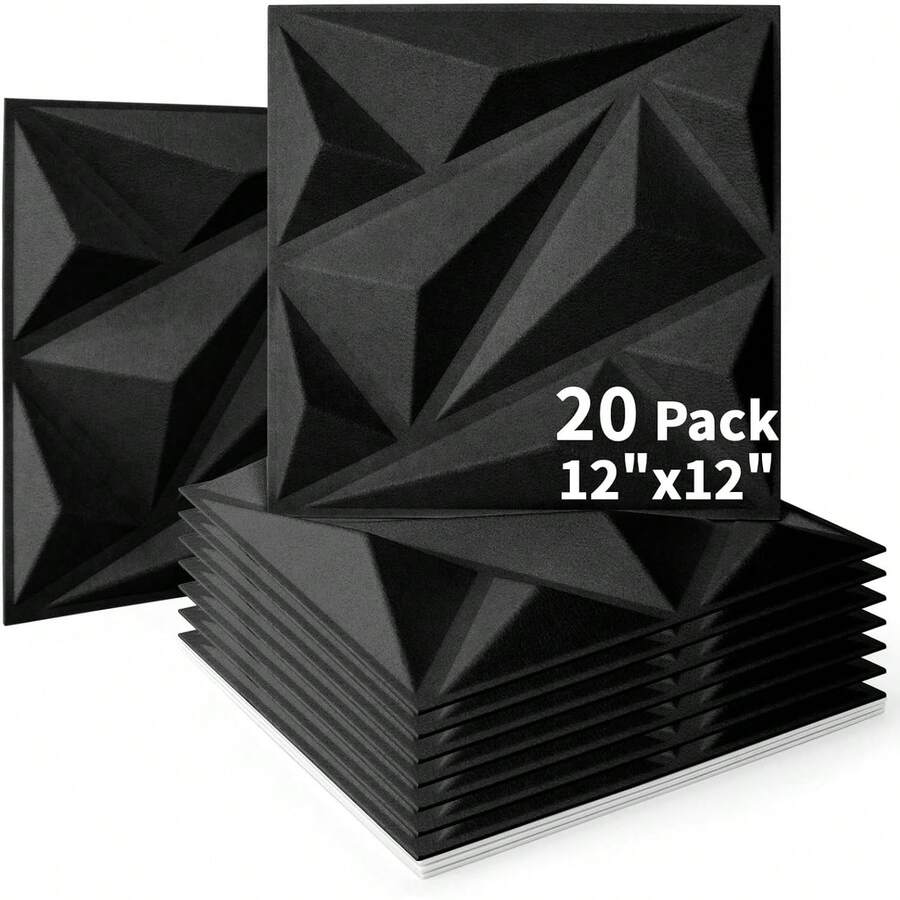 Art3dwallpanels Acoustic Panels 20 Pack Soundproof Wall Panels Acoustic Foam Sound Dampening, 3D Sound Absorbing, 12" X 12", Black