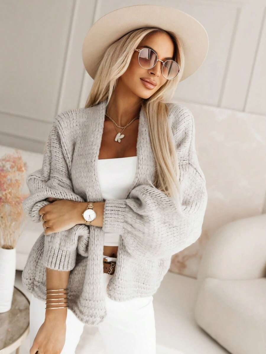 Áo khoác cardigan dáng rộng thời trang màu trơn thanh lịch cho nữ, áo len tay loe trễ vai, áo khoác dệt kim polyester đa năng cho thường ngày, hẹn hò, thu/đông