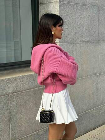 HoloChill Women's Casual Style Hooded Contrast Button Pocket Drawstring Cardigan, New Winter Casual New Year