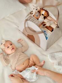 Large Diaper Bag Storage Bag Diaper Storage Basket Storage Basket With Handle - 白棕色 - 查看 3