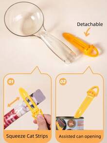 Cucharón de comida para mascotas multifuncional con diseño transparente, lo que le permite verificar la cantidad de comida y si se ha echado a perder. Cuenta con un diseño fácil de limpiar y enjuagar, y viene con una opción de colgar para un almacenamiento conveniente. El mango se puede convertir en un clip de sellado de uso regular.