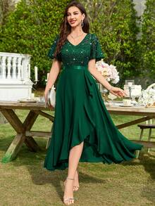 MIUSOL Elegant Women's V Neck Sequin Lace Bodice Dark Green A-Line Midi Dress With Flutter Sleeves, Ruffle Flowy High Low Hem, For Formal Prom Gown, Wedding Guest, Evening Party, Cocktail, Dinner - 墨綠色 - 查看 5