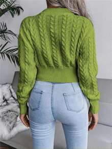 Women's Casual Crew Neck Cable Knit Waist Cinched Long Sleeve Cropped Pullover Sweater, Autumn/Winter