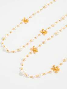 1 套 2 件奢华仿珍珠蝴蝶结多层长项链，复古流苏毛衣链，精致设计，带有 3D 蝴蝶结、珍珠和流苏，适合女性日常、度假和正式场合 - 金色 - 查看 5