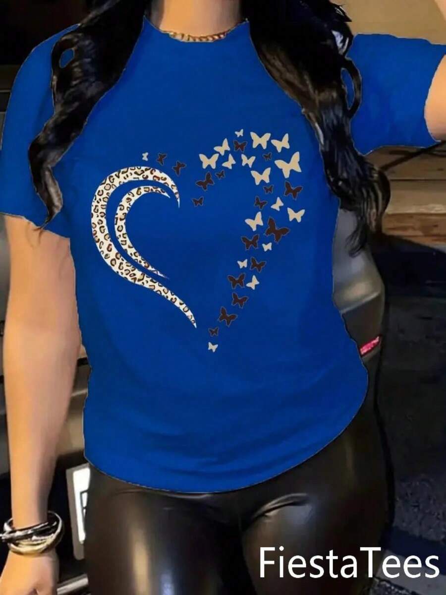 Ladies' 220g pure cotton multi-color T-shirt with heart-shaped butterfly pattern, soft and breathable short sleeved T-shirt for all seasons, Y2K millennium style, street fashion, Halloween, Christmas, and Day of the Dead are coming, popular Mexican clothing T-shirt, moisture wicking, machine washable, suitable for sports and outdoor travel, casual wear, celebration parties, holiday costumes, and beach vacations. Women's first choice for gifts! - Azul - Ver 1