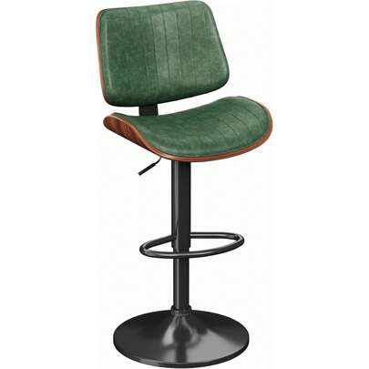 GIKPAL Swivel Bar Stool With Bentwood Back, Adjustable Mid-Century Modern PU Leather Bar Chair For Kitchen Island, Counter Or Dining Room, Dark Green