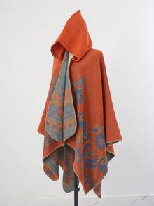 1pc Women's Fashionable Jacquard Hooded Poncho Shawl, Suitable For Daily Wear