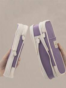 Macaroon Color Splicing Pencil Case, Stationery Box, Storage Bag, Gift , Students, Boys And Girls Back To School,Back To School,School Supplies,Pencil Pouch,School Bag - 海軍藍 - 查看 6