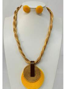Braided Wire Necklace Set With Double Pendant + Resin Button Earrings – Sophistication In Every Detail. - Yellow - View 1