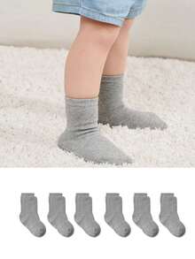 6 Pairs Spring/Summer Solid Color Breathable Mid-Calf Socks With Anti-Slip Dots, Suitable For Babies And Kids, Daily Wear - Black - View 19