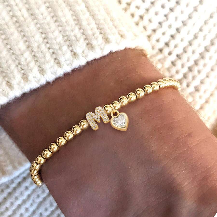 1pc Classic Bubble Letter Heart Shaped Golden Beaded Bracelet, Women - Gold Micro-inlay - View 1