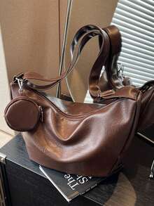 Maillard 色时尚休闲女士斜挎单肩包，带零钱包，柔软 PU 皮革，适合日常通勤 - 咖啡棕 - 查看 7