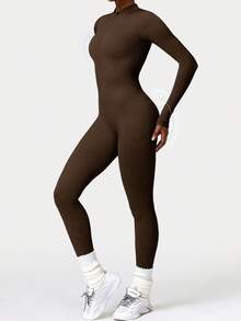 DINBEY Jumpsuit Yoga Lengan Panjang Warna Polos untuk Wanita - Jumpsuit Pembentuk Tubuh untuk Aktivitas Luar Ruangan dengan Resleting dan Fungsi Pengontrol Perut, Mengangkat Bokong dan Melangsingkan Tubuh di Musim Semi - Coffee Brown - View 4