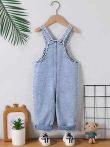 Peto vaquero informal de unicolor para bebé niño con bolsillos, pantalones cargo de mezclilla cómodos para bebé niño con parche de oso, ideal para actividades al aire libre - Azul y blanco - Ver 6