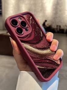 Sequins 1pc New Luxurious Burgundy & Gold Satin Patchwork Glitter Pattern Shockproof TPU Phone Case Compatible With IPhone 17 Pro Max/17 Air/16 Pro/15 Pro Max/14 Plus/13/12/11/XS/8P And Galaxy S24/S23 FE/S22 Ultra/A53/A54/A15