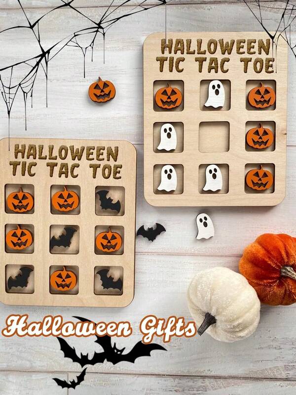1Pc Wooden Halloween Tic Tac Toe Game, Halloween Gift Basket, Tic Tac Toe Board, Christmas Gift, Wooden Game, Travel Game, Birthday Gift For Girls, Halloween Gift, Trick Or Treat Christmas
